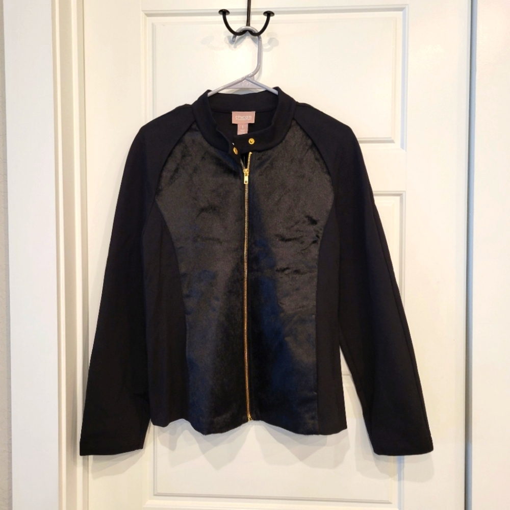 CHICO'S BLACK FAUX FUR PONTE JACKET SIZE MEDIUM NWT